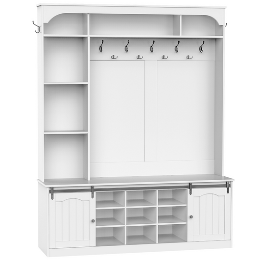 HOOBRO Hall Tree with Bench, 59.1" Entryway Bench with Coat Rack and Shoe Cabinet, LED Farmhouse Hall Tree with Shoe Storage, 13 Shoe Cubbies and Barn Doors, Wooden, Mud Room
