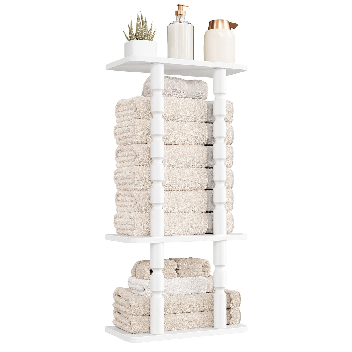 HOOBRO Wall Mounted White Wooden Bathroom Towel Storage Rack Organizer