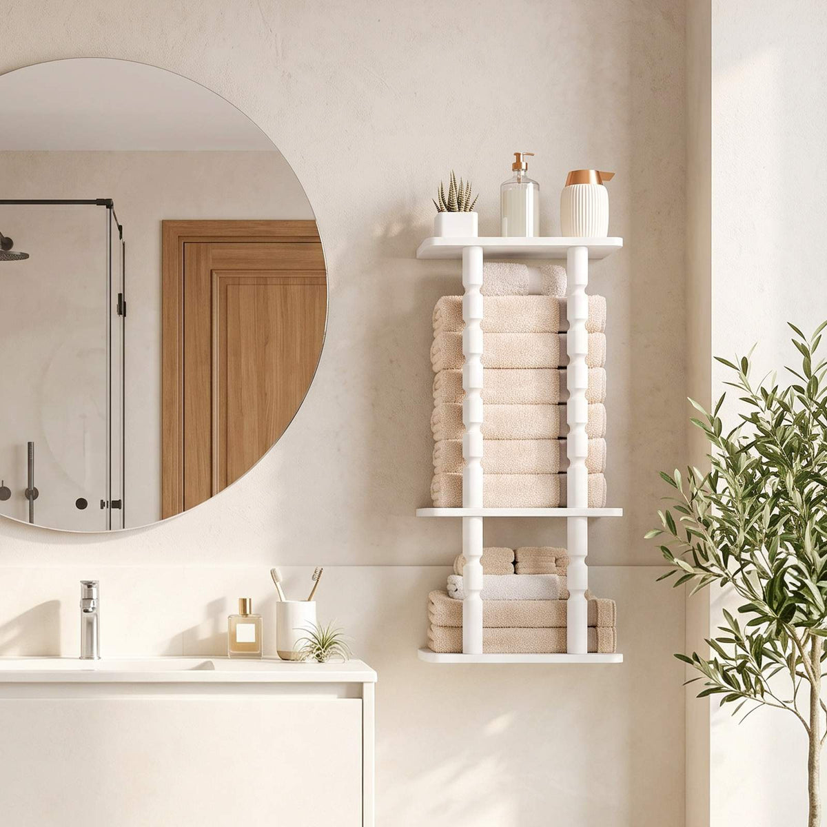 HOOBRO Wall Mounted White Wooden Bathroom Towel Storage Rack Organizer