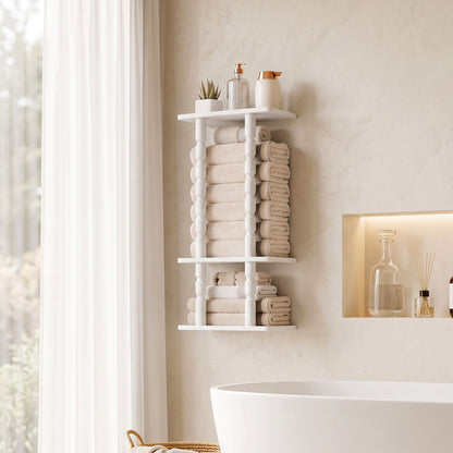 HOOBRO Wall Mounted White Wooden Bathroom Towel Storage Rack Organizer