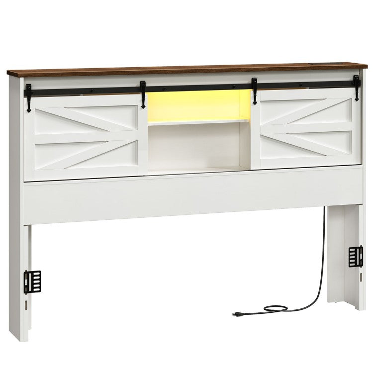 HOOBRO Headboard Queen Size, Bookcase Headboard with Charging Station and LED Lights, Stylish Queen Headboard with Storage Shelves, Headboard for Queen Size Bed, Sliding Barn Doors