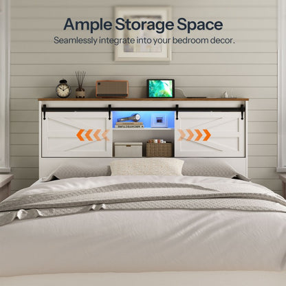 HOOBRO Headboard Queen Size, Bookcase Headboard with Charging Station and LED Lights, Stylish Queen Headboard with Storage Shelves, Headboard for Queen Size Bed, Sliding Barn Doors