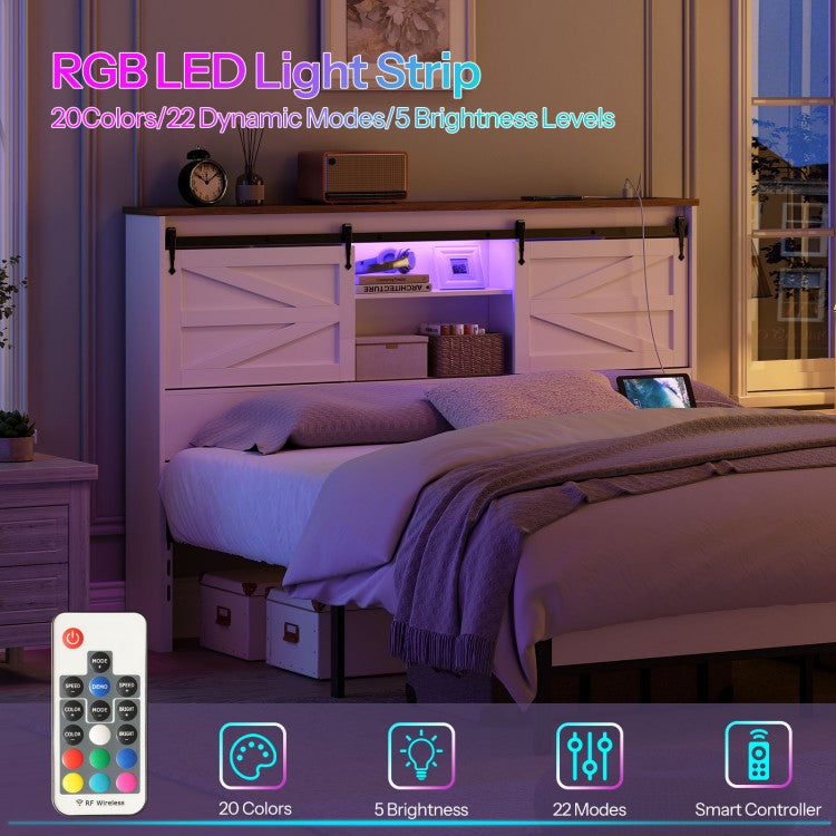 HOOBRO Headboard Queen Size, Bookcase Headboard with Charging Station and LED Lights, Stylish Queen Headboard with Storage Shelves, Headboard for Queen Size Bed, Sliding Barn Doors