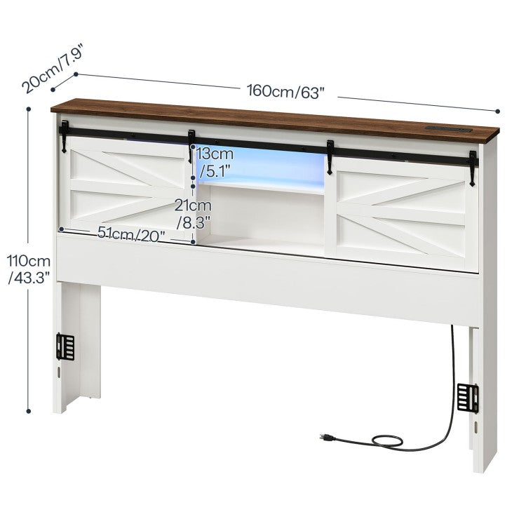 HOOBRO Headboard Queen Size, Bookcase Headboard with Charging Station and LED Lights, Stylish Queen Headboard with Storage Shelves, Headboard for Queen Size Bed, Sliding Barn Doors
