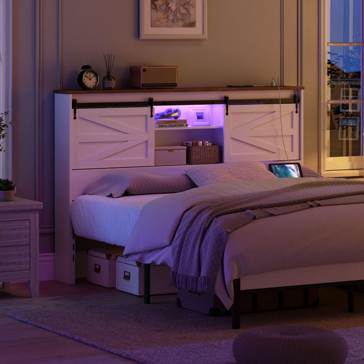 HOOBRO Headboard Queen Size, Bookcase Headboard with Charging Station and LED Lights, Stylish Queen Headboard with Storage Shelves, Headboard for Queen Size Bed, Sliding Barn Doors