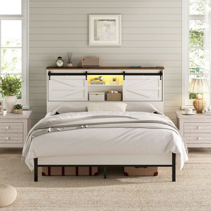 HOOBRO Headboard Queen Size, Bookcase Headboard with Charging Station and LED Lights, Stylish Queen Headboard with Storage Shelves, Headboard for Queen Size Bed, Sliding Barn Doors