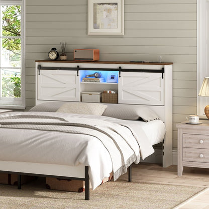 HOOBRO Headboard Queen Size, Bookcase Headboard with Charging Station and LED Lights, Stylish Queen Headboard with Storage Shelves, Headboard for Queen Size Bed, Sliding Barn Doors