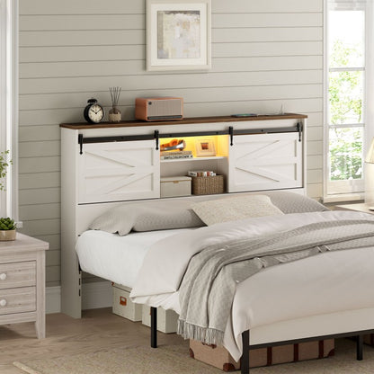 HOOBRO Headboard Queen Size, Bookcase Headboard with Charging Station and LED Lights, Stylish Queen Headboard with Storage Shelves, Headboard for Queen Size Bed, Sliding Barn Doors
