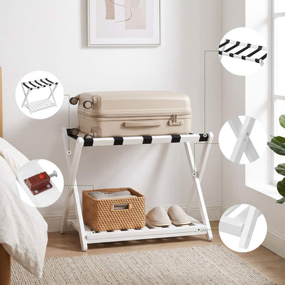 HOOBRO Foldable Wooden Luggage Rack with Shoe Shelf for Guest Room
