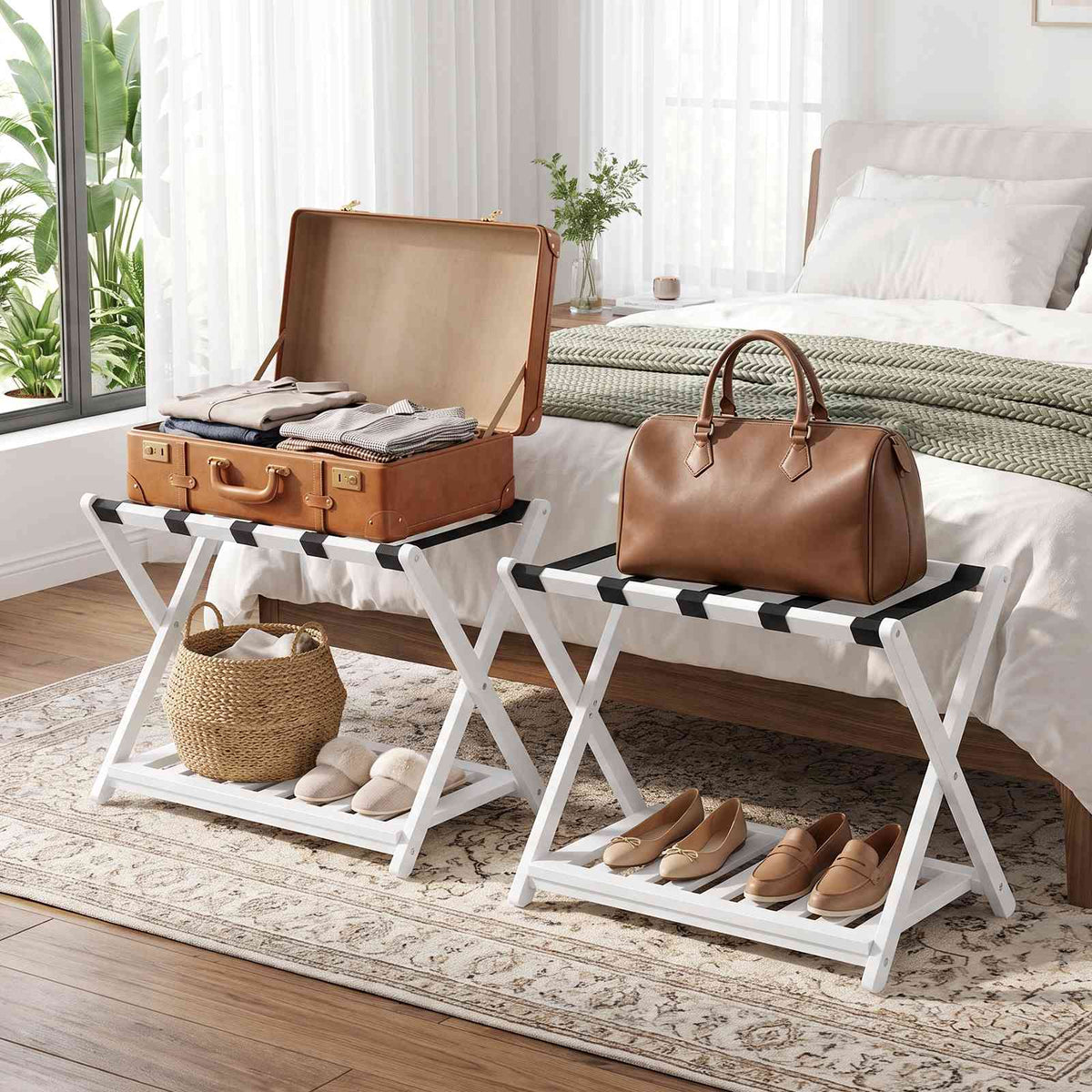 HOOBRO Foldable Wooden Luggage Rack with Shoe Shelf for Guest Room