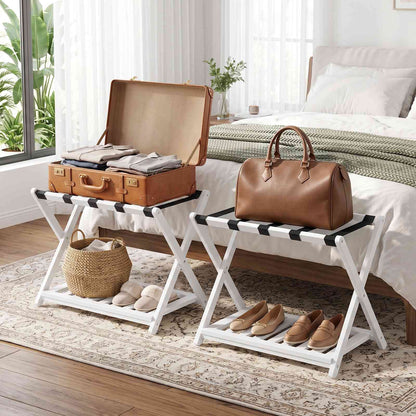HOOBRO Foldable Wooden Luggage Rack with Shoe Shelf for Guest Room