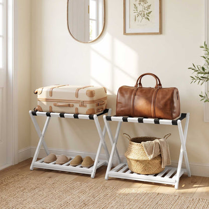 HOOBRO Foldable Wooden Luggage Rack with Shoe Shelf for Guest Room