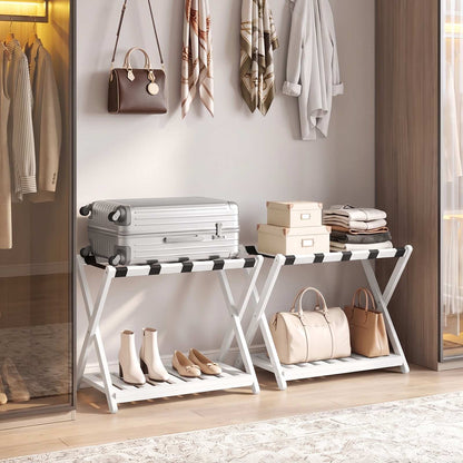 HOOBRO Foldable Wooden Luggage Rack with Shoe Shelf for Guest Room