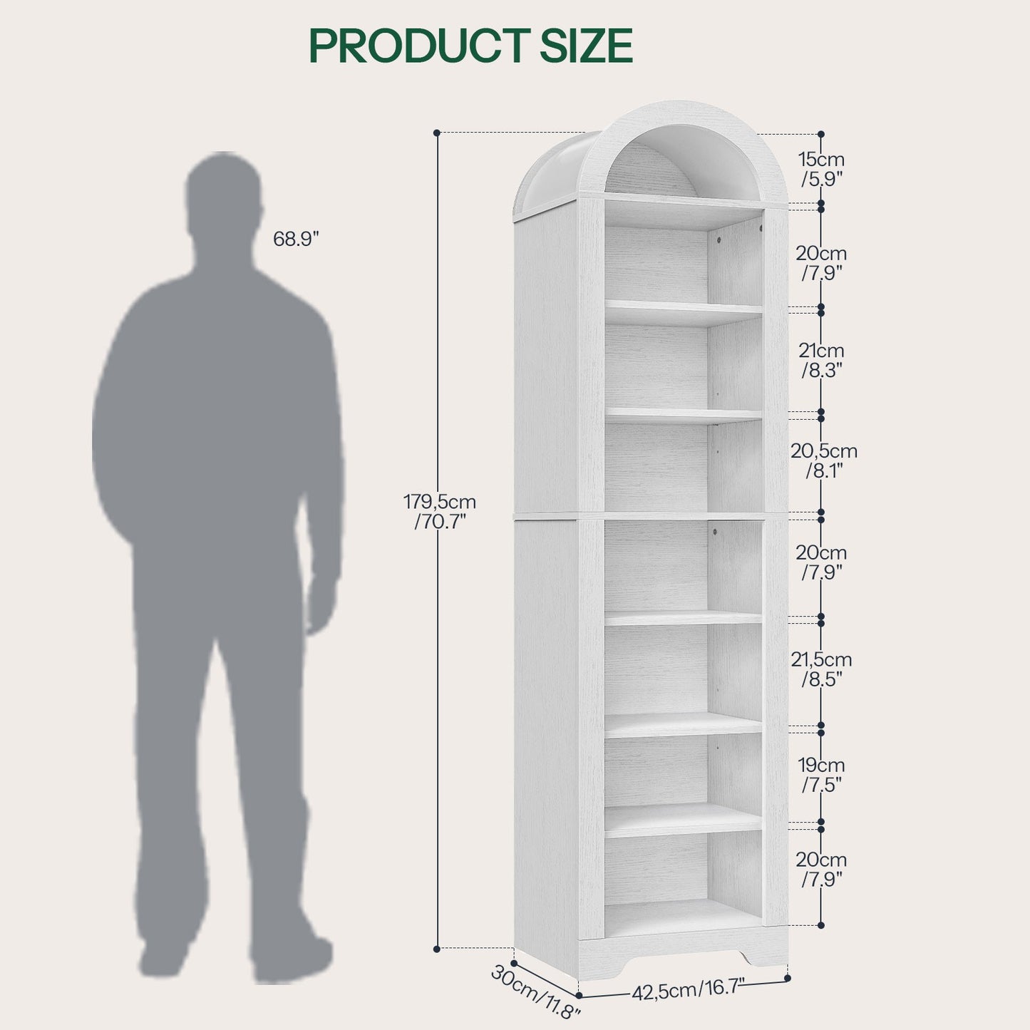 HOOBRO Tall Narrow White Arched Bookshelf with Adjustable Shelves