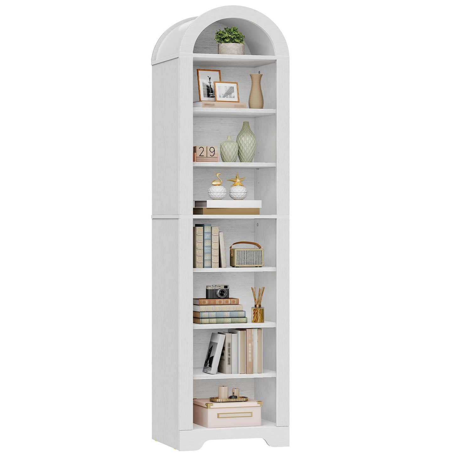 HOOBRO Tall Narrow White Arched Bookshelf with Adjustable Shelves