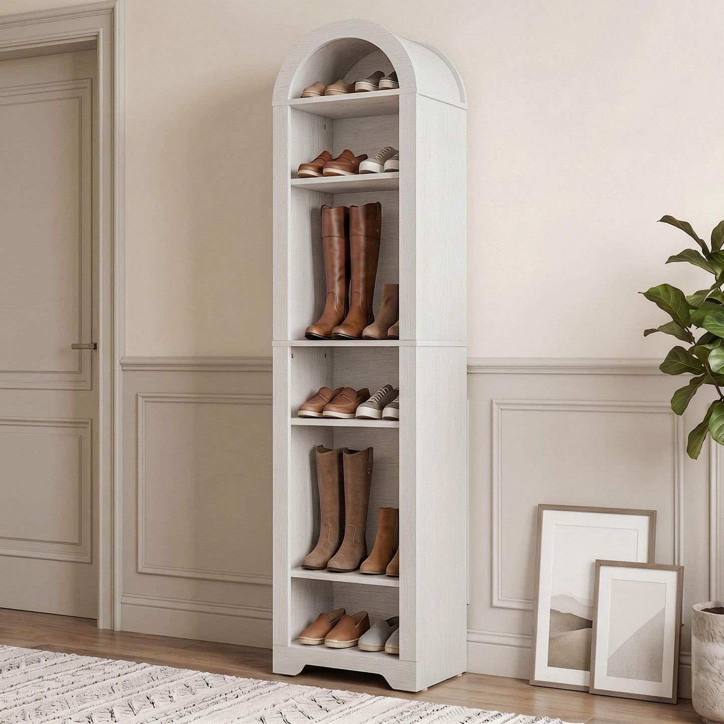 HOOBRO Tall Narrow White Arched Bookshelf with Adjustable Shelves