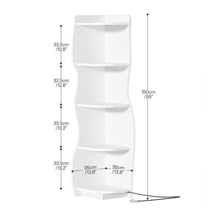 HOOBRO Corner Shelf with Light, 5-Tier Modern Wall Corner Bookshelf, Stylish Display Bookcase，Wooden Open Book Shelf Storage Rack for Small Spaces, Living Room, Home Office