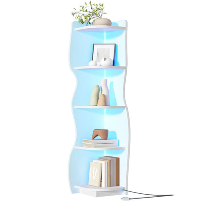 HOOBRO Corner Shelf with Light, 5-Tier Modern Wall Corner Bookshelf, Stylish Display Bookcase，Wooden Open Book Shelf Storage Rack for Small Spaces, Living Room, Home Office