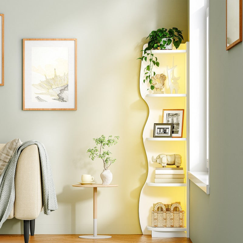 HOOBRO Corner Shelf with Light, 5-Tier Modern Wall Corner Bookshelf, Stylish Display Bookcase，Wooden Open Book Shelf Storage Rack for Small Spaces, Living Room, Home Office