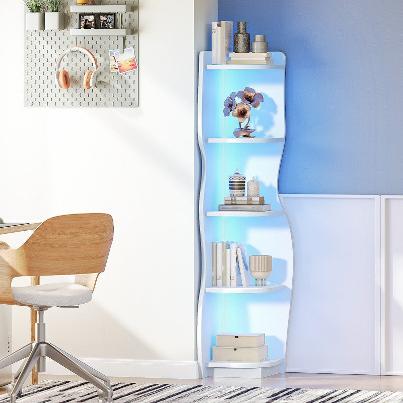 HOOBRO Corner Shelf with Light, 5-Tier Modern Wall Corner Bookshelf, Stylish Display Bookcase，Wooden Open Book Shelf Storage Rack for Small Spaces, Living Room, Home Office