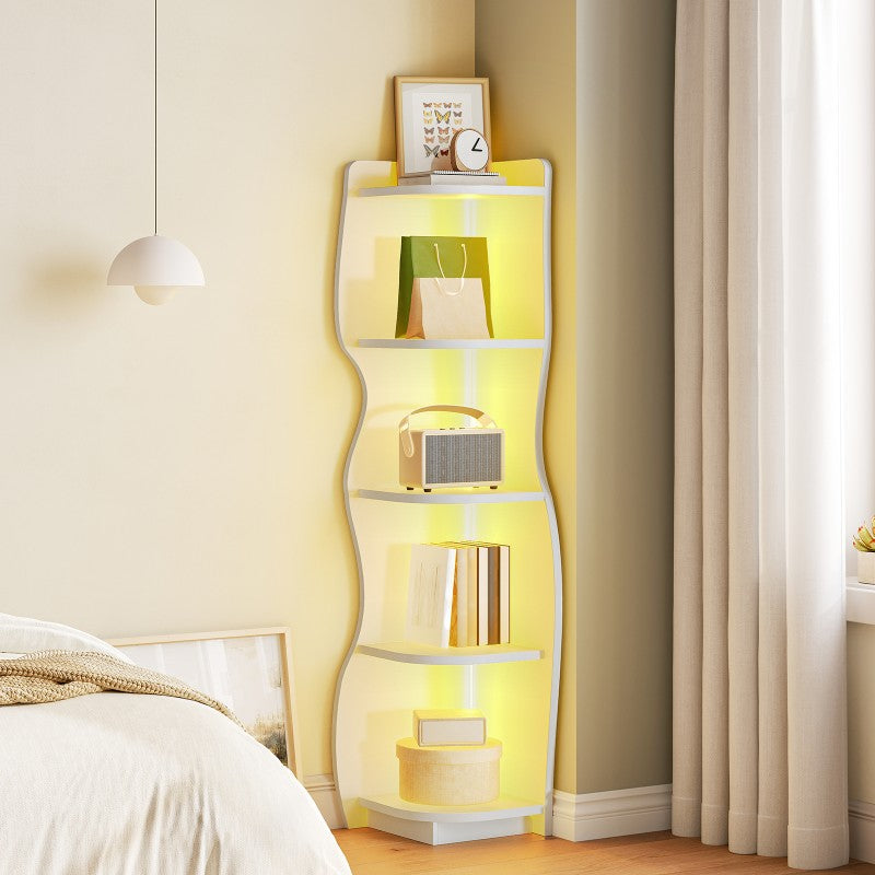 HOOBRO Corner Shelf with Light, 5-Tier Modern Wall Corner Bookshelf, Stylish Display Bookcase，Wooden Open Book Shelf Storage Rack for Small Spaces, Living Room, Home Office