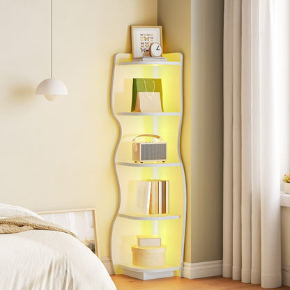 HOOBRO Corner Shelf with Light, 5-Tier Modern Wall Corner Bookshelf, Stylish Display Bookcase，Wooden Open Book Shelf Storage Rack for Small Spaces, Living Room, Home Office