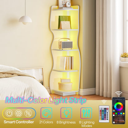 HOOBRO Corner Shelf with Light, 5-Tier Modern Wall Corner Bookshelf, Stylish Display Bookcase，Wooden Open Book Shelf Storage Rack for Small Spaces, Living Room, Home Office