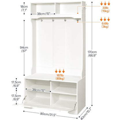 HOOBRO Hall Tree with Bench and Shoe Storage, Entryway Bench with Coat Rack and Shoe Cabinet, Flip-Down Cabinet Door, Coat Rack with Shoe Rack, Mud Room Bench with Storage and Seating