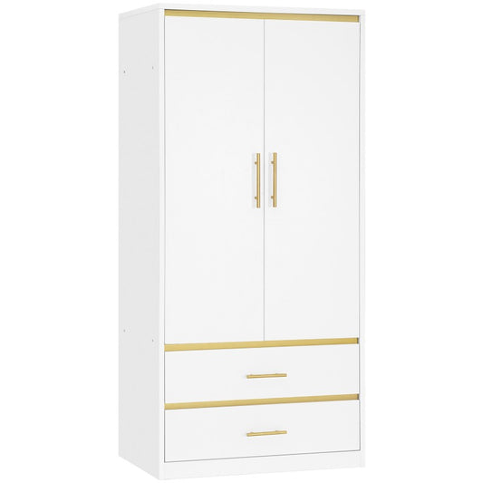 White Armoire Wardrobe Closet with Hanging Rod and 2 Drawers