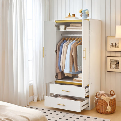 White Armoire Wardrobe Closet with Hanging Rod and 2 Drawers