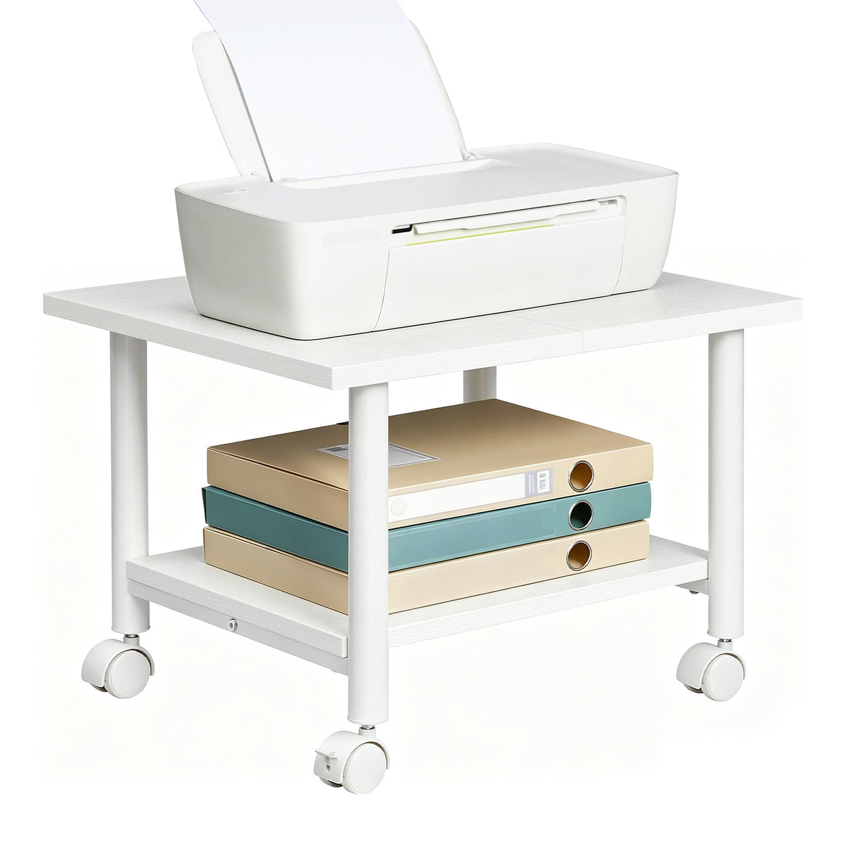 HOOBRO Modern White Mobile Printer Stand, 2-Tier Under Desk Rolling Cart