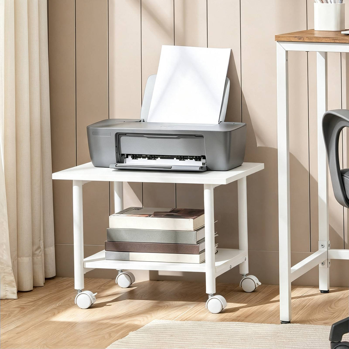 HOOBRO Modern White Mobile Printer Stand, 2-Tier Under Desk Rolling Cart