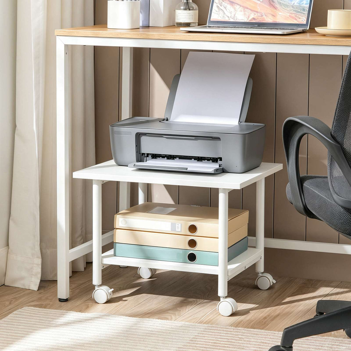 HOOBRO Modern White Mobile Printer Stand, 2-Tier Under Desk Rolling Cart