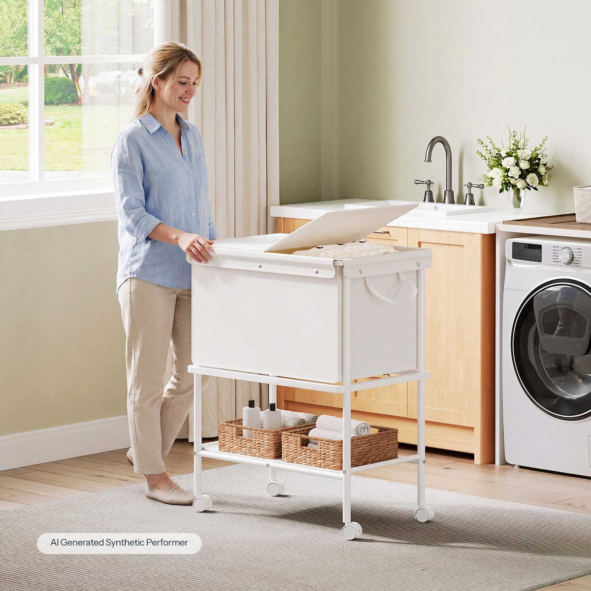 HOOBRO Mobile Laundry Hamper Cart with Lid and Bottom Storage Shelf