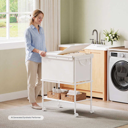 HOOBRO Mobile Laundry Hamper Cart with Lid and Bottom Storage Shelf