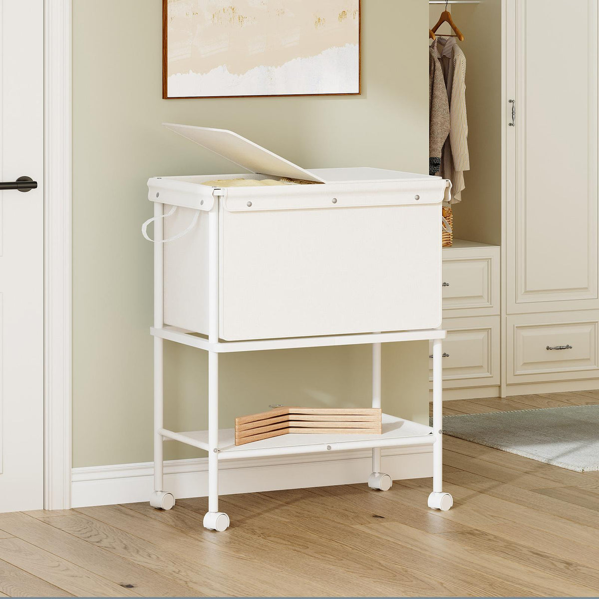 HOOBRO Mobile Laundry Hamper Cart with Lid and Bottom Storage Shelf