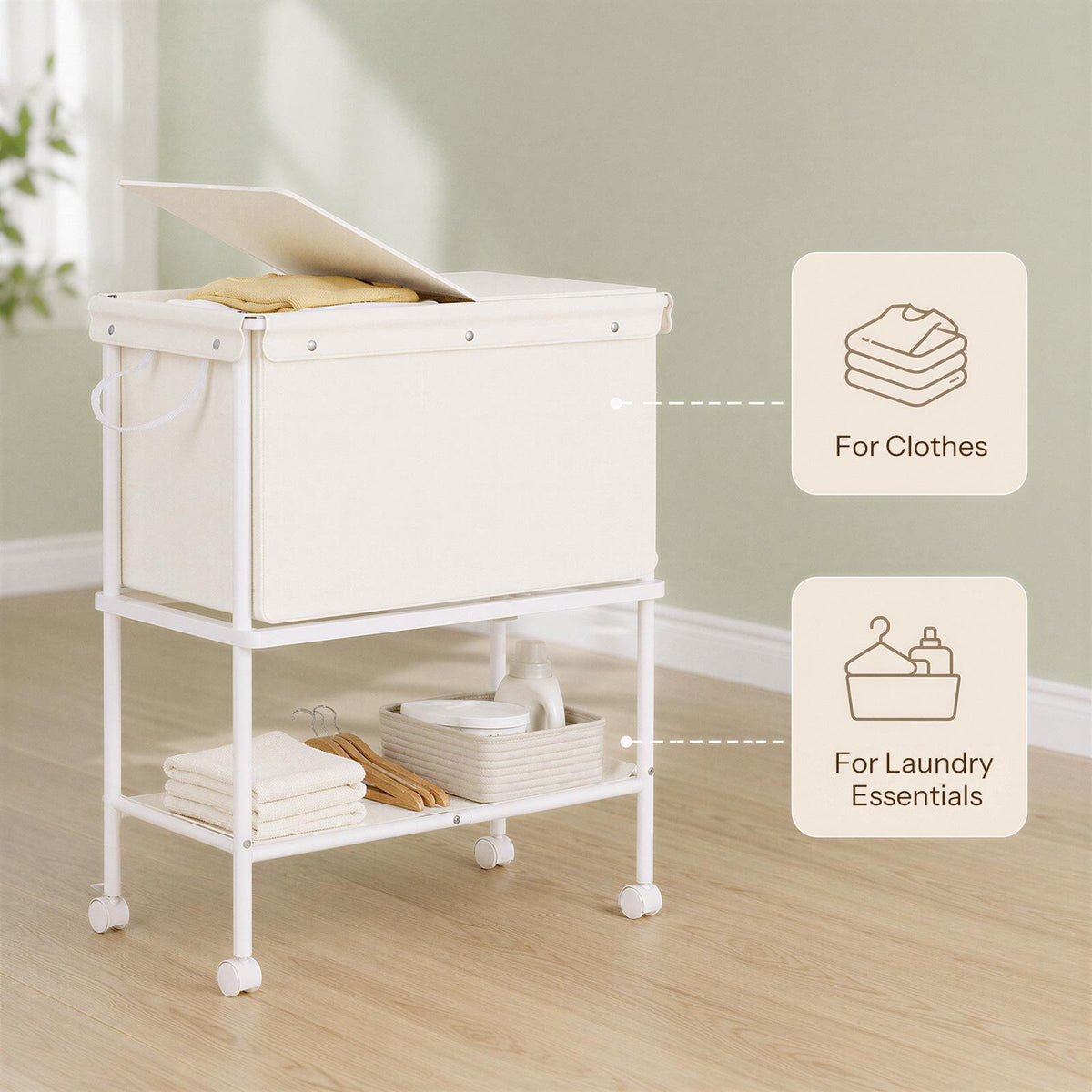HOOBRO Mobile Laundry Hamper Cart with Lid and Bottom Storage Shelf
