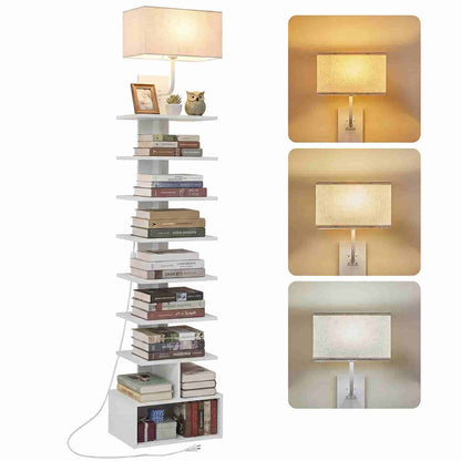 White floor lamp with books and decorative items, accompanied by inset images of wall-mounted lamps.