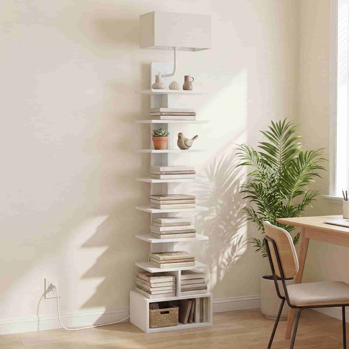 Tall white bookshelf with books and decorative items against a light wall.