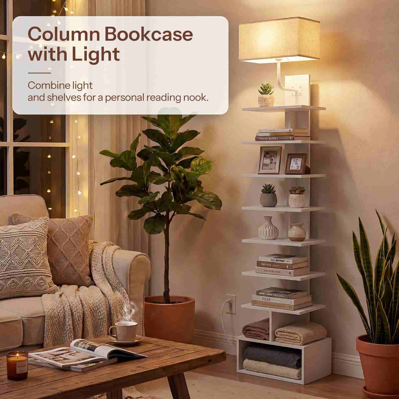 Living room with a column bookcase, lamp, and decor items.