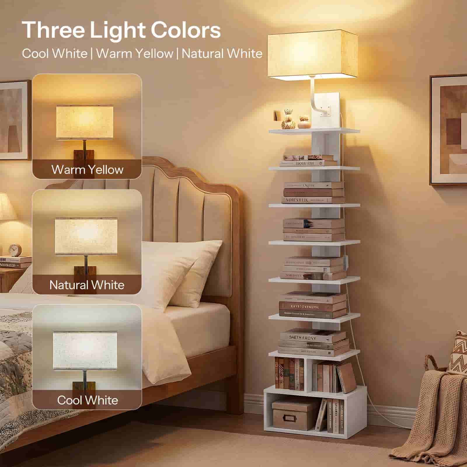 Bookshelf with lampshades in different light colors in a bedroom setting