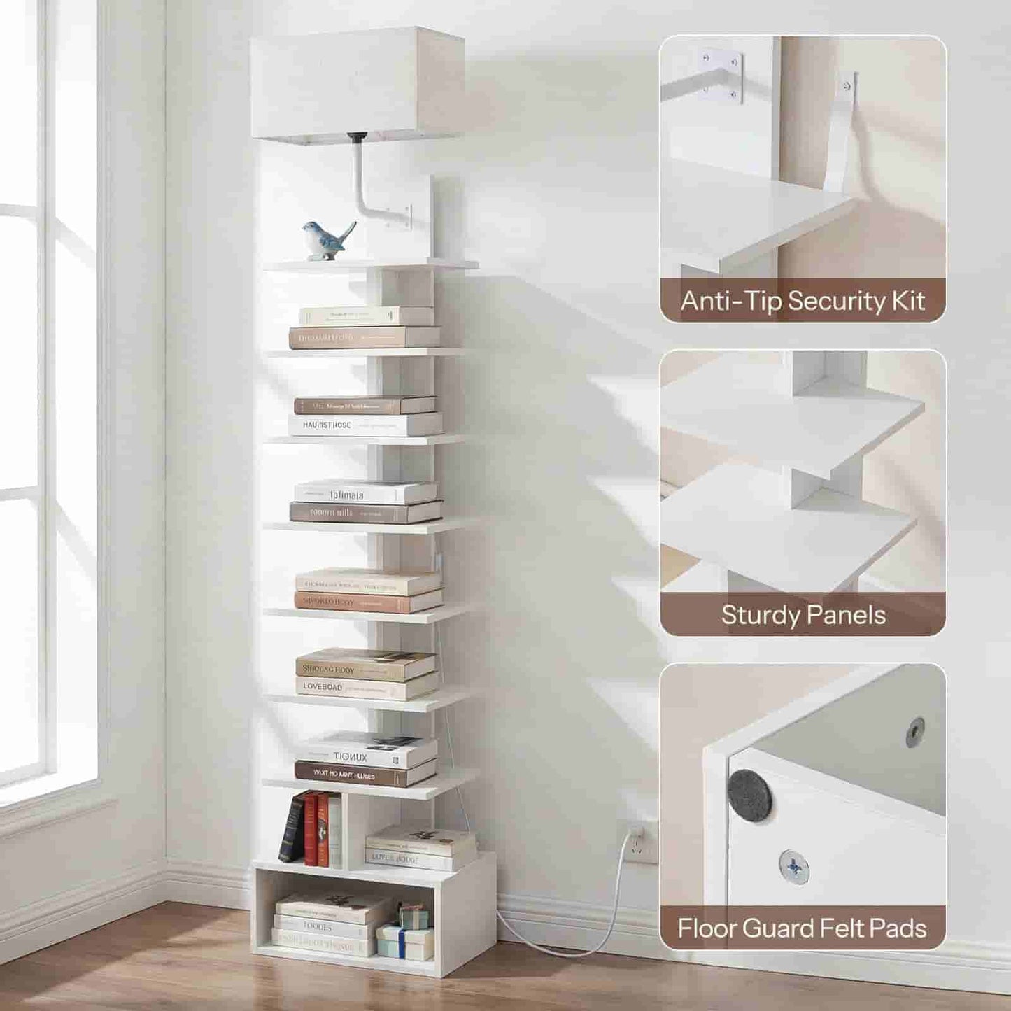Tall white bookshelf with books against a light wall, featuring 'Anti-Tip Security Kit', 'Sturdy Panels', and 'Floor Guard Felt Pads' text.