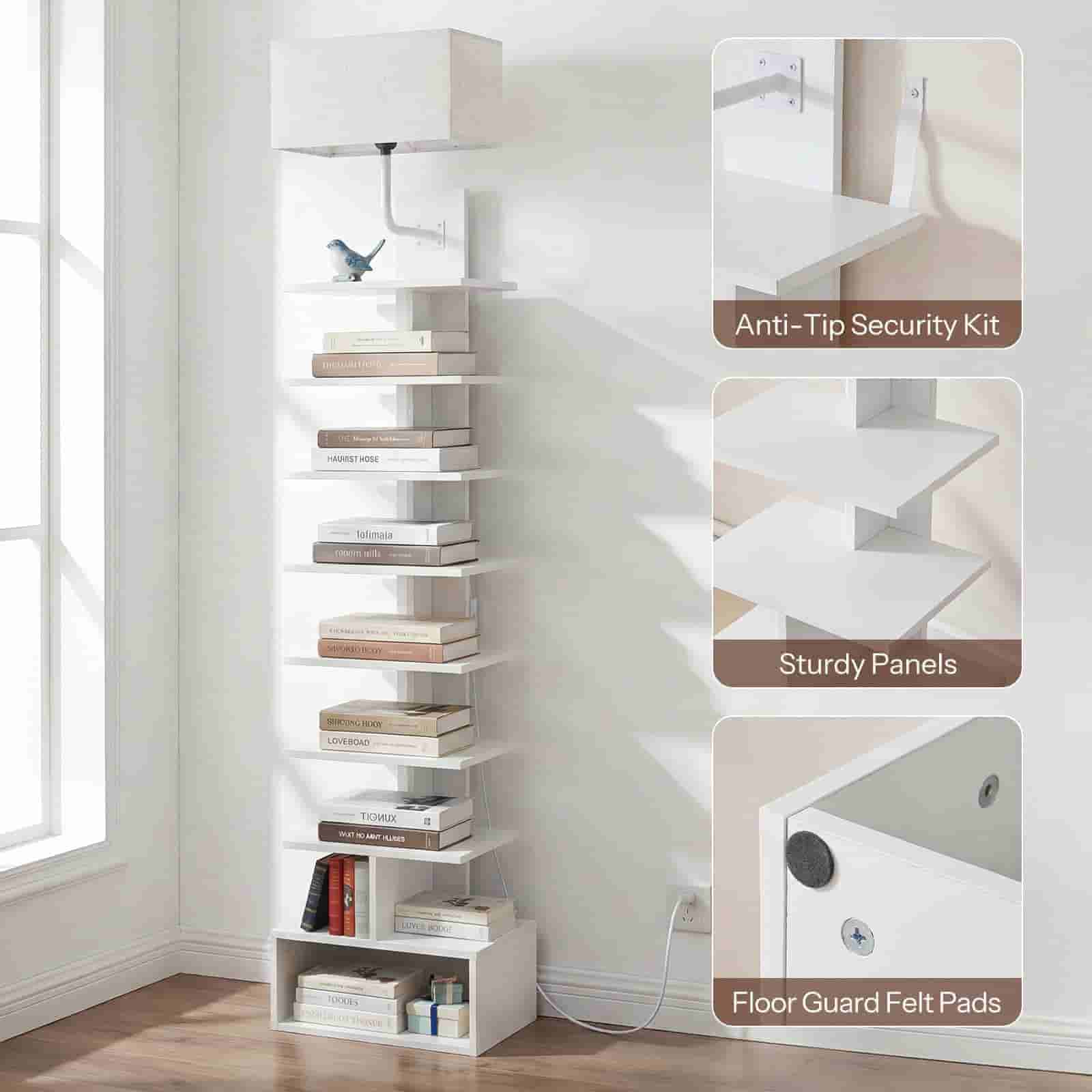 Tall white bookshelf with books against a light wall, featuring 'Anti-Tip Security Kit', 'Sturdy Panels', and 'Floor Guard Felt Pads' text.
