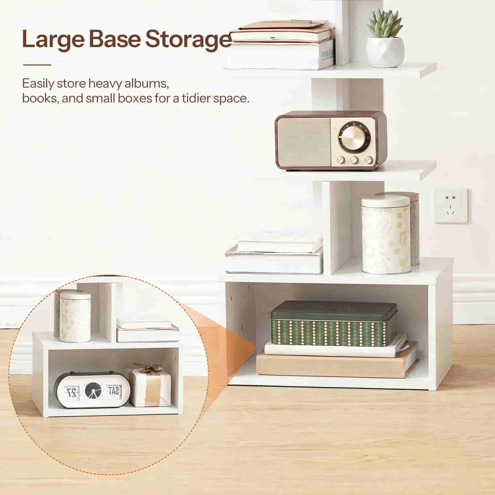White storage shelf with books, boxes, and a clock on a wooden floor.