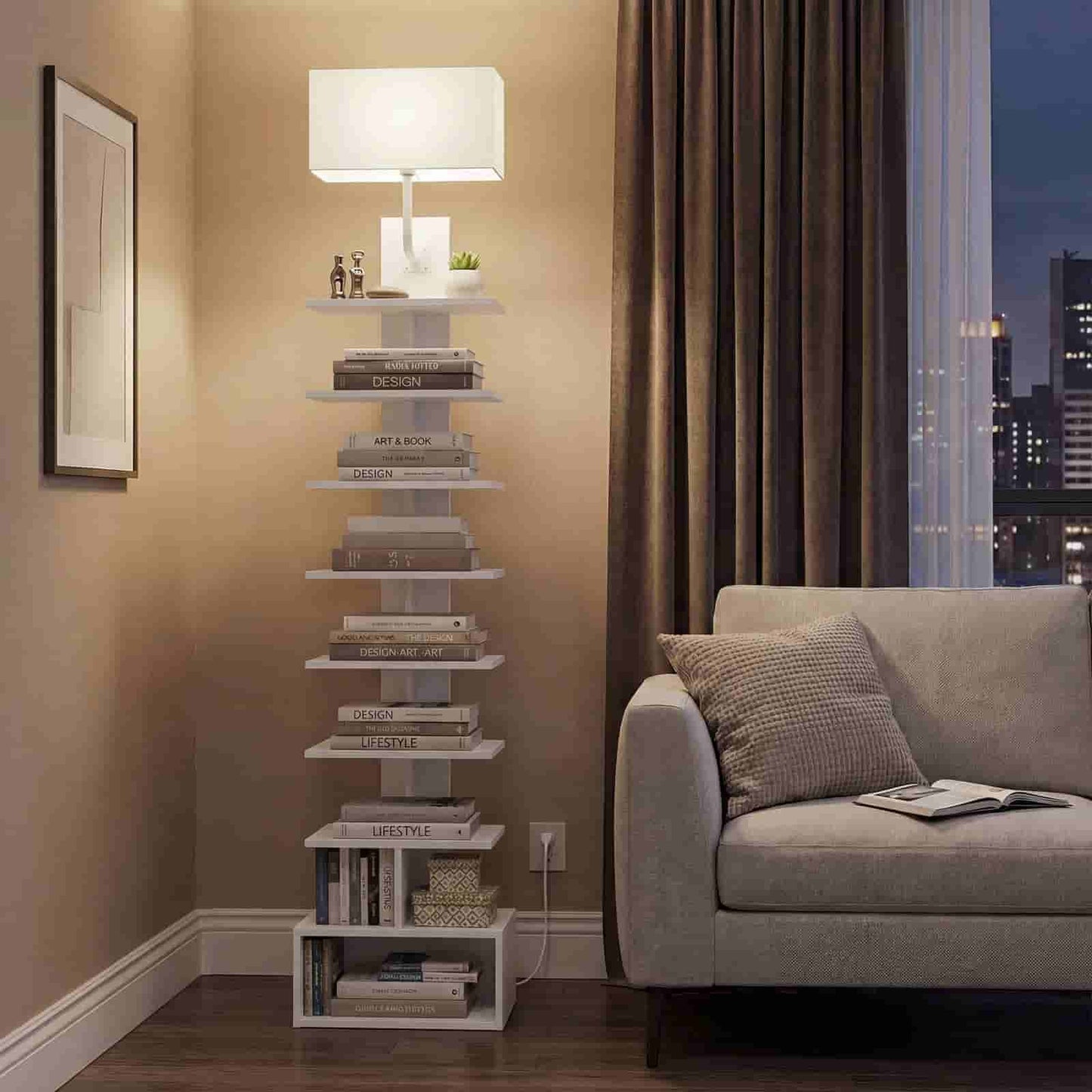 Bookshelf with books and a lamp in a living room setting