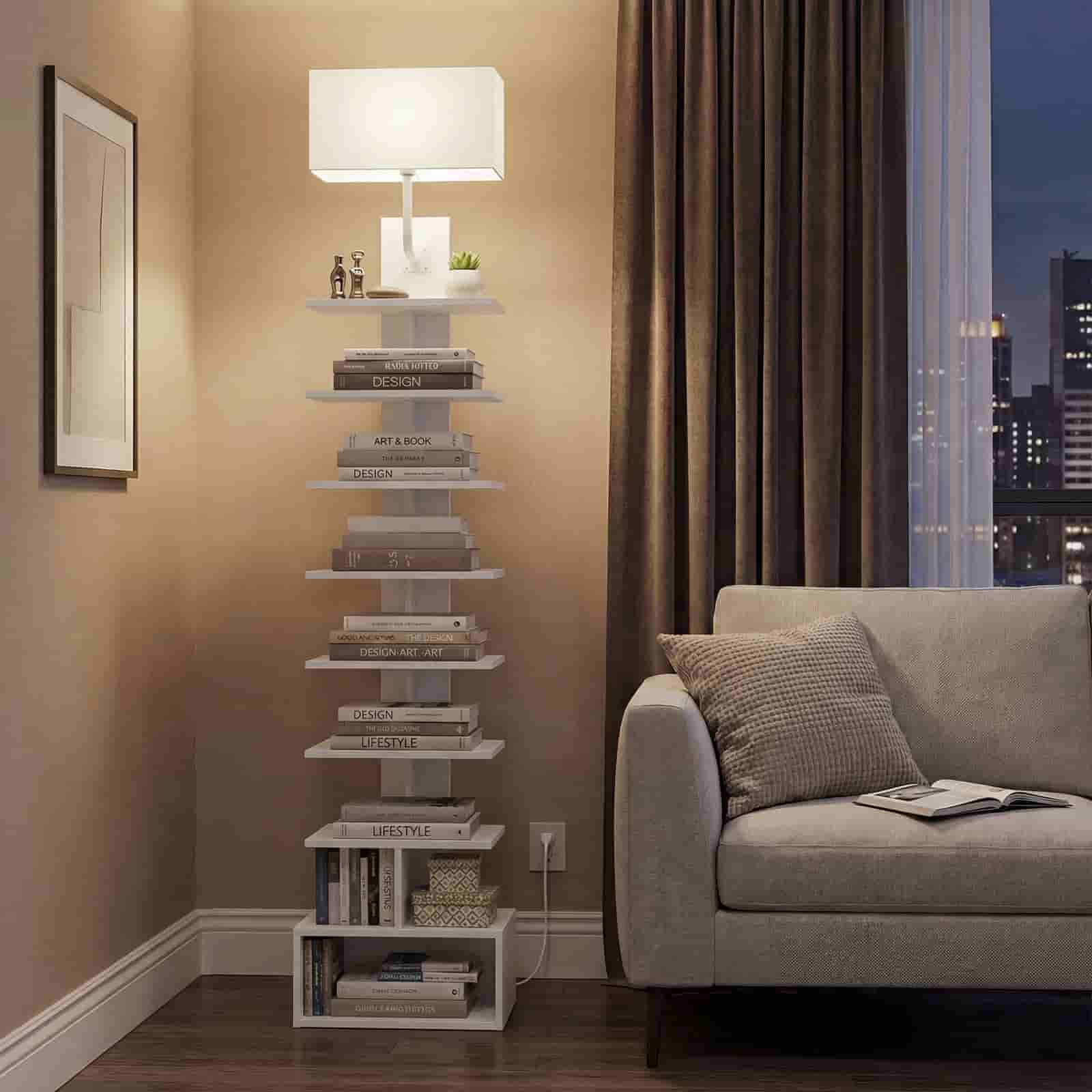 Bookshelf with books and a lamp in a living room setting