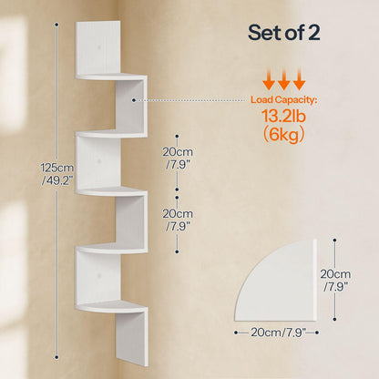 White corner wall shelf with dimensions and load capacity information on a beige background