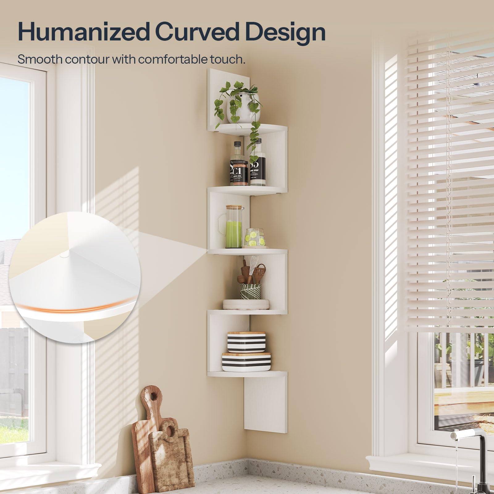White corner shelf with various items against a beige wall.