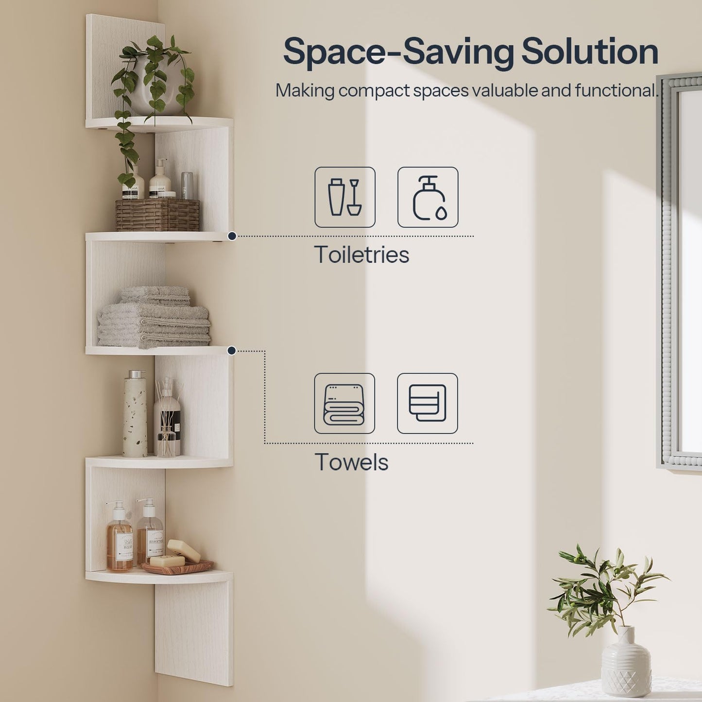 White corner shelf with bathroom items against a beige wall, labeled for space-saving solution.