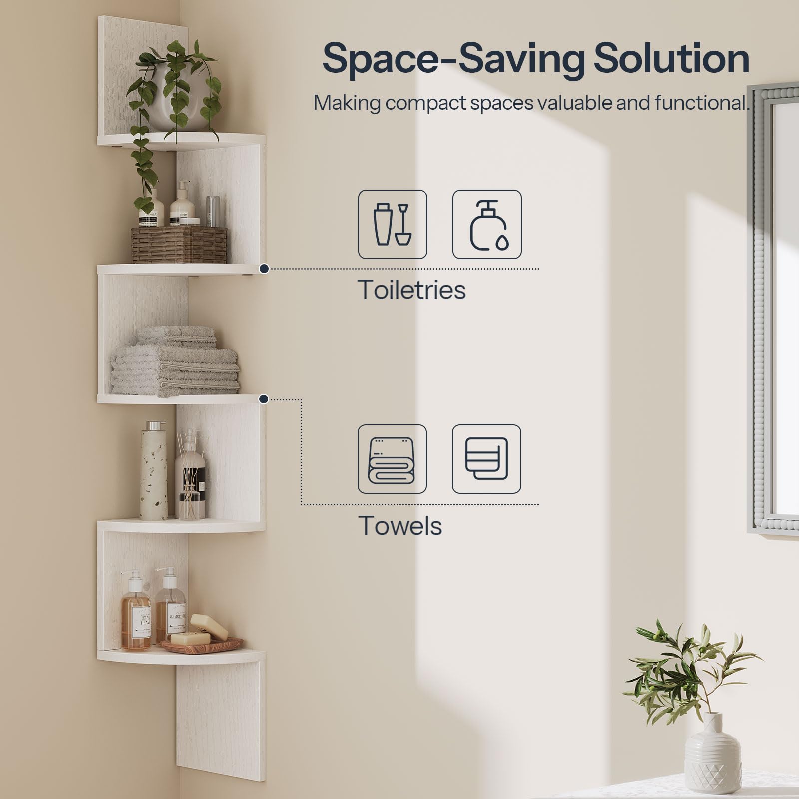 White corner shelf with bathroom items against a beige wall, labeled for space-saving solution.